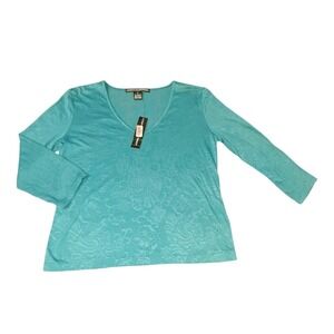 Ellen Tracy 3/4 Sleeve Top Sheer Paisley Teal Petite M